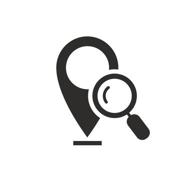 map searching icon, location search, magnifying glass with locator, flat symbol on white background - illustration vector