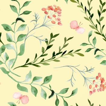 Greenery seamless pattern with flowers and pink butterflies watercolor isolated. Abstract simple branches leaves and blooms hand drawn on repeated background. Foliate pattern design textile, wallpaper vector