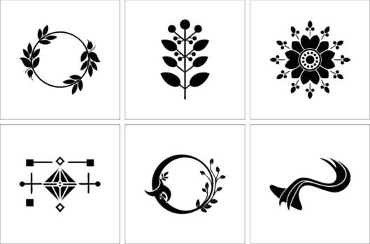 Black stencil patterns showcase floral elements and geometric shapes with elegant, white backgrounds vector