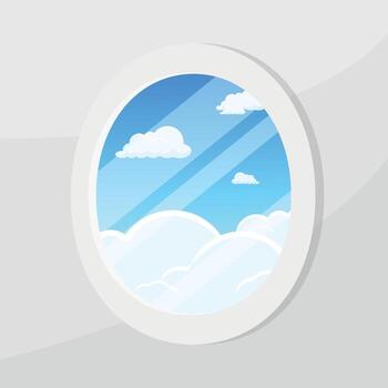Airplane porthole icon with view of sky. Airplane window. Clouds. View from airplane in the air. vector