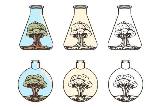 illustration of a large tree enclosed inside various science lab flasks. A symbolic concept blending nature and science, available in color, muted tone, and outline versions. vector