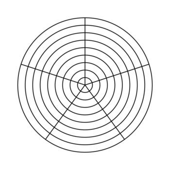 Polar grid of 8 concentric circles and 5 segments. Circle black diagram of life style balance. Wheel of life template.Blank polar graph paper. Tool for visualizing all areas of life. vector