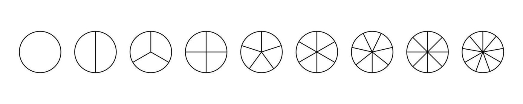 Template of pie chart Sectors divide the circle on equal parts. Coaching blank. Segmented charts. Parts of diagram wheel from 1 to 9. Outline black graphics. Set of pie charts, pizza charts. Segments vector