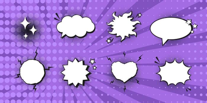 Empty comic speech bubbles decorated with black halftone shadow on pop art background. Different shapes and elements vector