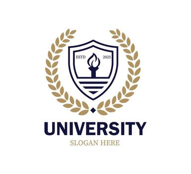 This university logo features a prominent shield with a torch symbolizing enlightenment. Surrounded by laurel leaves, it represents success and tradition. Perfect for educational branding. vector