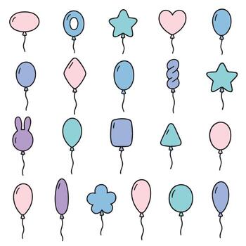illustration of various colorful balloons in different shapes including heart, star, and rabbit, arranged in rows on a plain white background vector