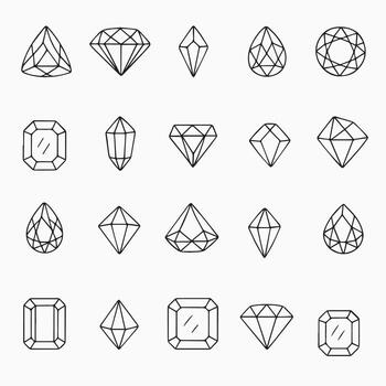 illustration featuring various geometric gemstone shapes, each uniquely represented with clear, precise lines. Ideal for jewelry design, graphics, or educational purposes. vector