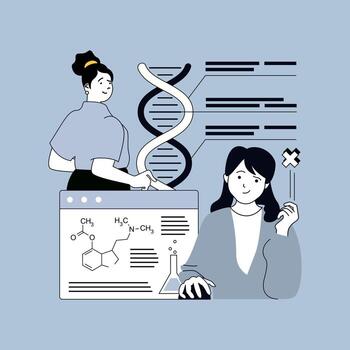 Education concept for modern web design. People studying at chemistry lessons in university, doing homework, gaining knowledge about biology, learning genetic with dna molecule. illustration. vector