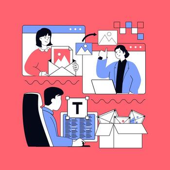 Graphic web design concept for modern website design. People creating wireframe layouts, coding on platform, working with project multimedia, sharing images and text elements. illustration. vector