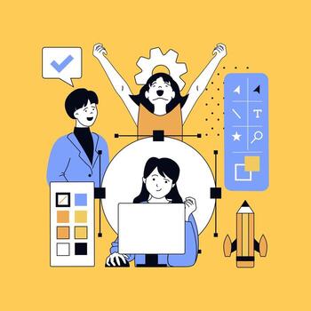 gráfico web diseño concepto para moderno sitio web diseño. personas creando estructura metálica diseños, codificación en plataforma, dibujo contenido elementos, trabajando con proyecto colores y ajustes. ilustración. vector