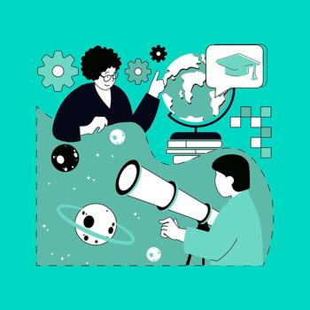 Education concept for modern web design. People reading books, studying at astronomy lessons, doing homework with globe, watching into telescope, gain knowledge about space. illustration. vector