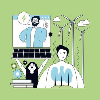 Nature and ecology concept for modern web design. People using alternative electricity sources and green energy stations with solar panels and wind turbines, support environment. illustration. vector
