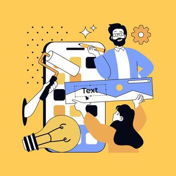 Graphic web design concept for modern website design. People creating layouts and templates, finding best visual ideas, coding on platform, working with colours and elements. illustration. vector