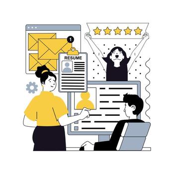 Human resources concept for modern web design. People searching cv online with best rating for recruiting applicants, researching resume to open position, answering to emails. illustration. vector