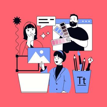 Graphic web design concept for modern website design. People creating wireframe layouts and engineering templates, coding on platform, working with project colours and images. illustration. vector