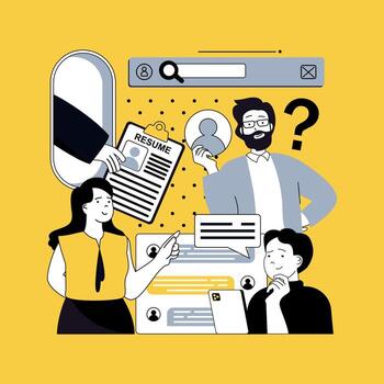 humano recursos concepto para moderno web diseño. personas buscando CV en línea, reclutamiento solicitantes, investigando currículum a abierto posición, haciendo trabajo entrevista para llenar oficina personal. ilustración. vector