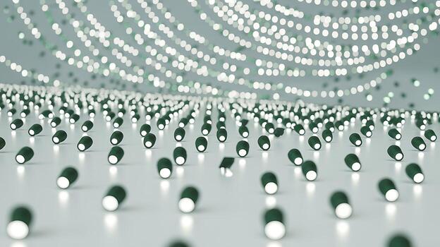 Rows of glowing green capsules with blurred bokeh lights in background abstract texture photo