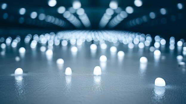 Rows of glowing white orbs on a wet reflective surface with blurred background lights abstract texture photo