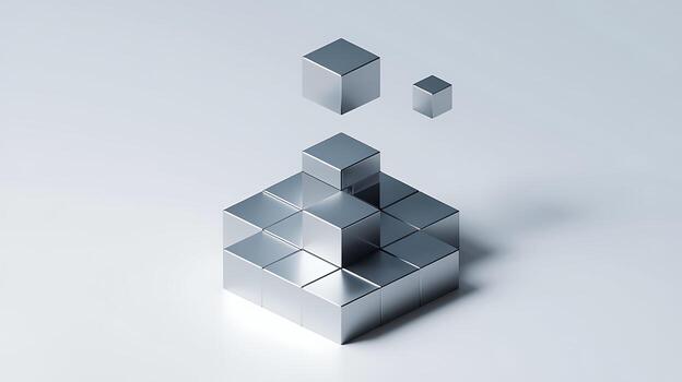 Silver Cubes Stacked in Pyramid Shape with Floating Cubes background abstract photo