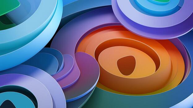 Swirling abstract concentric circles with neon color gradients and shadows background pattern photo