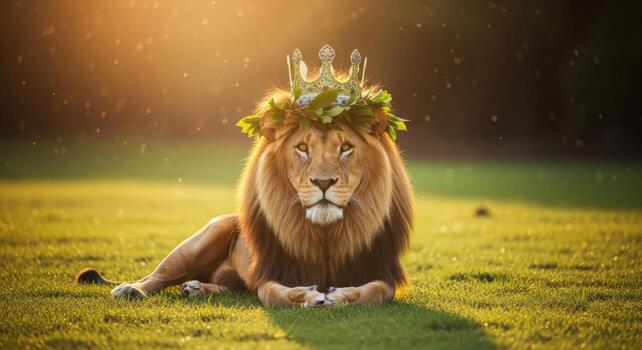 Majestic lion wearing a golden crown and green laurel wreath lying on grass 1 photo