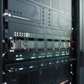 Close up of server racks with glowing lights and circuit board patterns data center technology 1 photo