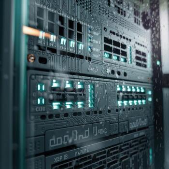 Close up of server rack with glowing blue lights and water droplets technology data center photo