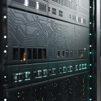 Close up of server racks with glowing lights and circuit board patterns data center technology photo