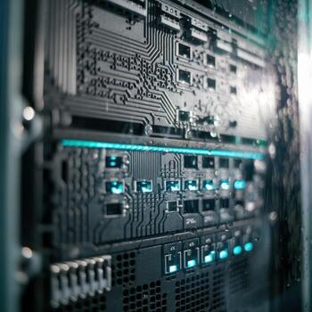 cerca arriba de servidor estante con brillante azul luces y agua gotas computadora hardware tecnología foto