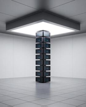 Futuristic digital display tower with glowing blue screens in minimalist room technology photo