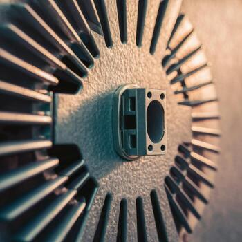 Close up of textured metallic surface with radiating fins and central connector industrial photo