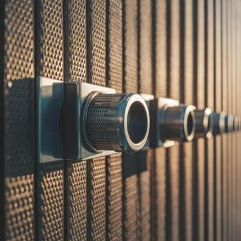 Row of metallic circular vents on a textured wall with sunlight technology photo