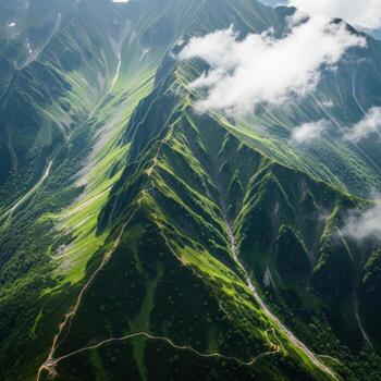 Dramatic green mountain range with clouds and winding paths photo