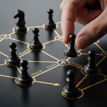 Hand moving black chess pawn on dark board with gold network lines and points strategy game photo