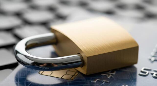Brass padlock securing a credit card on a blurred keyboard security photo