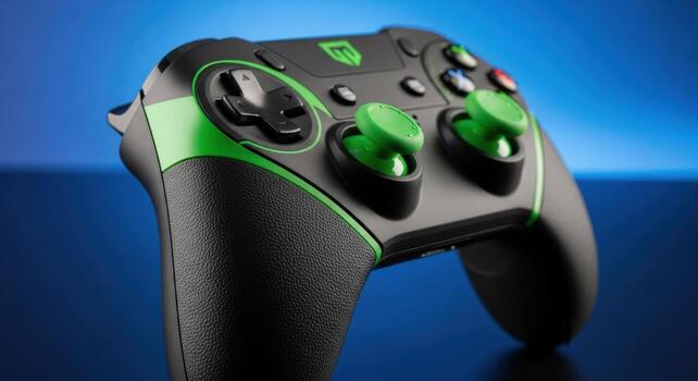 Modern black and green gaming controller for game consoles photo