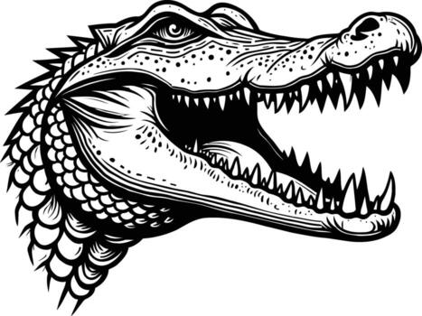 Aggressive crocodile head roaring wide open with sharp teeth black silhouette style vector