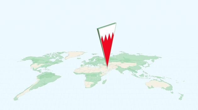 Highlighted Bahrain on Global Map with 3D Flag Location Pin of Bahrain. vector