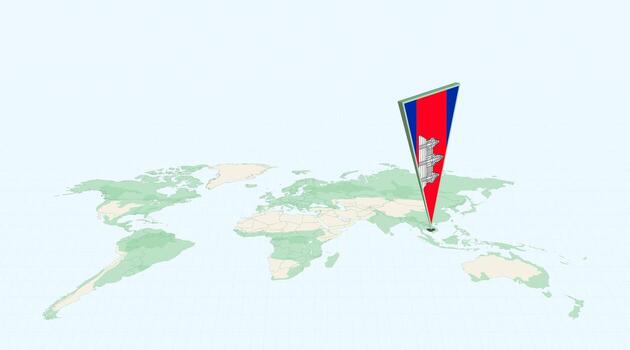 Highlighted Cambodia on Global Map with 3D Flag Location Pin of Cambodia. vector