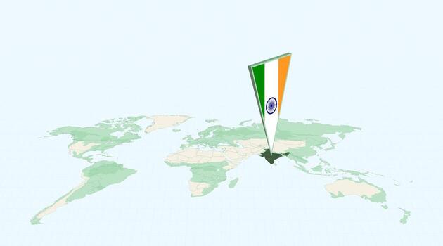 Highlighted India on Global Map with 3D Flag Location Pin of India. vector