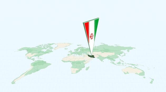 Highlighted Iran on Global Map with 3D Flag Location Pin of Iran. vector