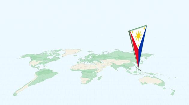 Highlighted Philippines on Global Map with 3D Flag Location Pin of Philippines. vector