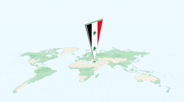 Highlighted Syria on Global Map with 3D Flag Location Pin of Syria. vector