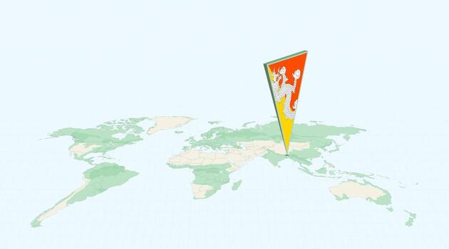 Highlighted Bhutan on Global Map with 3D Flag Location Pin of Bhutan. vector