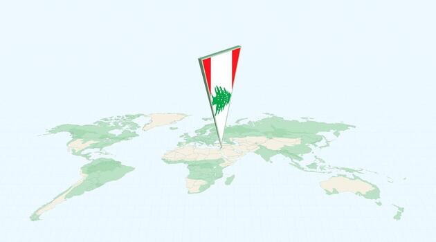 Highlighted Lebanon on Global Map with 3D Flag Location Pin of Lebanon. vector