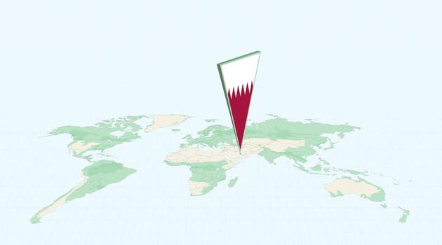 Highlighted Qatar on Global Map with 3D Flag Location Pin of Qatar. vector
