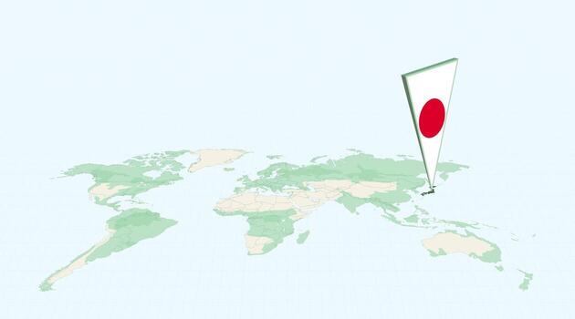 Highlighted Japan on Global Map with 3D Flag Location Pin of Japan. vector