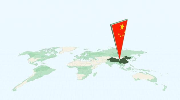 Highlighted China on Global Map with 3D Flag Location Pin of China. vector