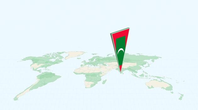 Highlighted Maldives on Global Map with 3D Flag Location Pin of Maldives. vector