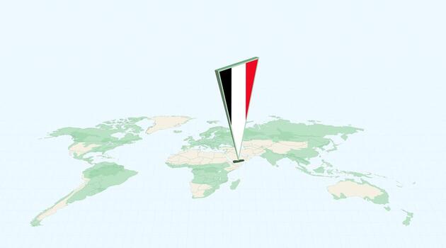 Highlighted Yemen on Global Map with 3D Flag Location Pin of Yemen. vector